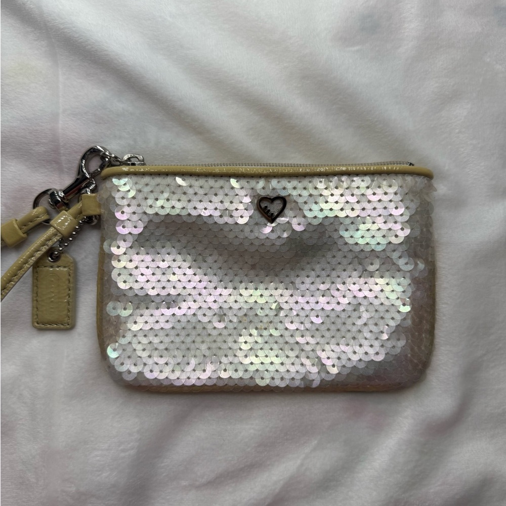 Cream Sequin Clutch with Zipper Closure and Wrist Strap